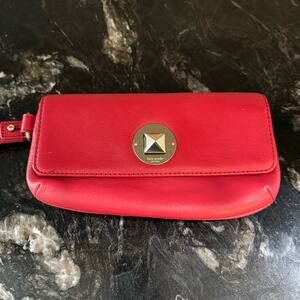 Kate Spade Evan Chrystie Street Leather Wristlet Clutch Bag Case Red Gold